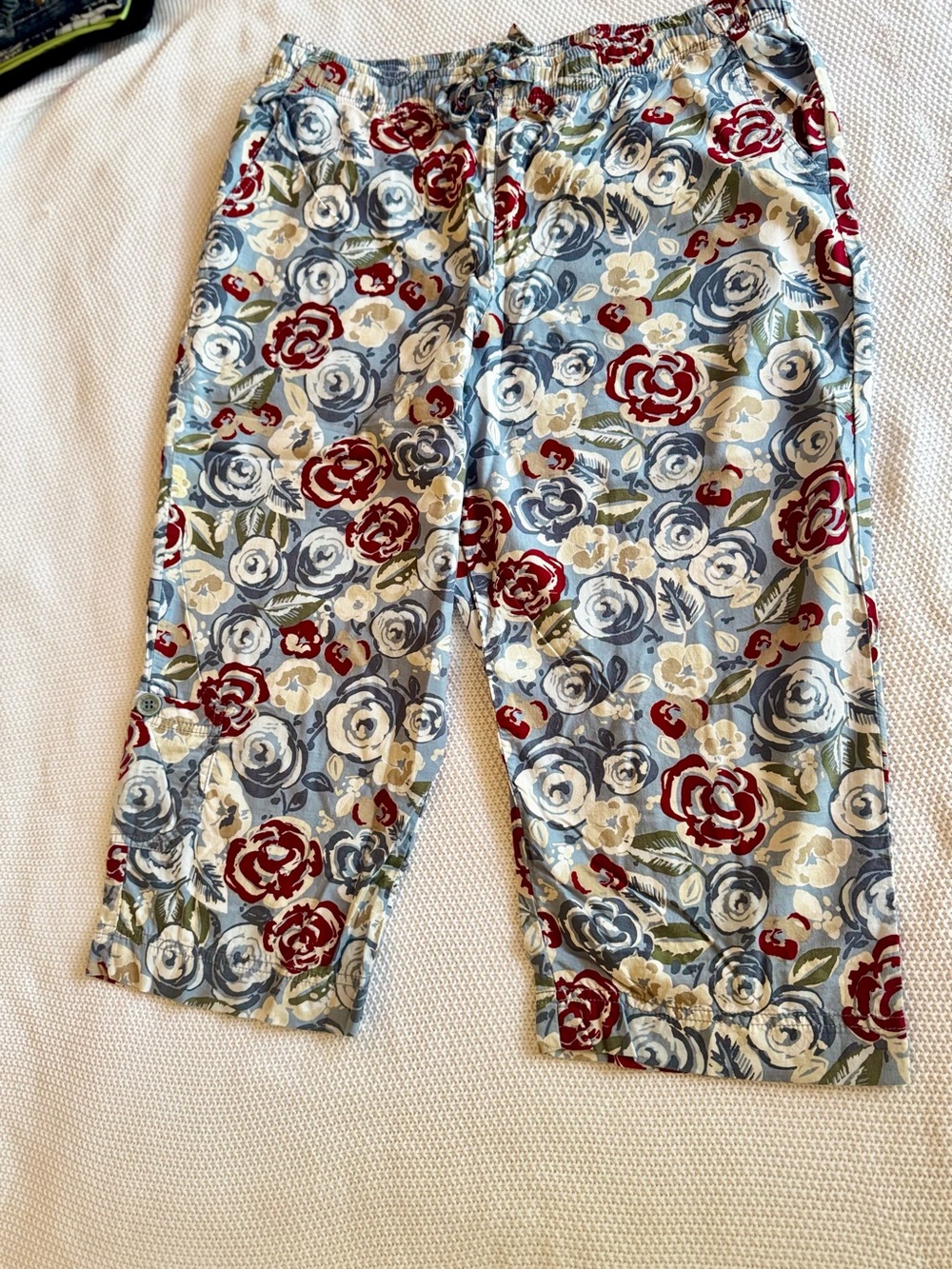 GV Elastic Waist Blue Floral Cropped Cargo Pants Lightweight Cotton Capris - Picture 3 of 14